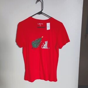 LOFT Festive Red Tee with Cat & Tree